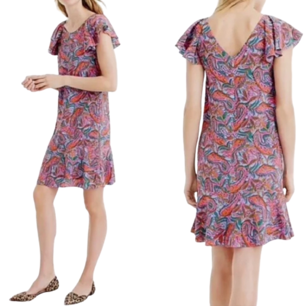 J. Crew Silk Dress Multicolor Paisley Print Flounce Hem Pink Blue F4349